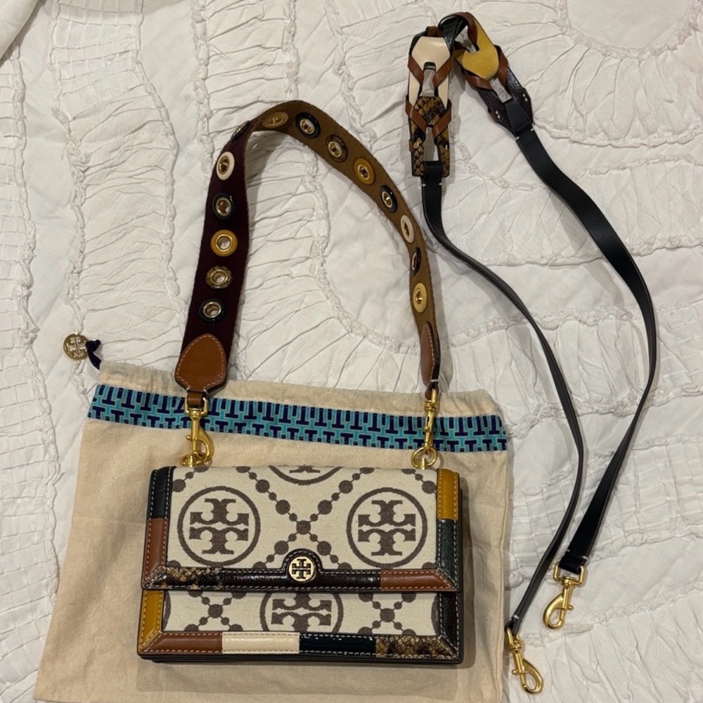 Tory Burch Patchwork Logo Crossbody in Cream, Brown & Mustard
